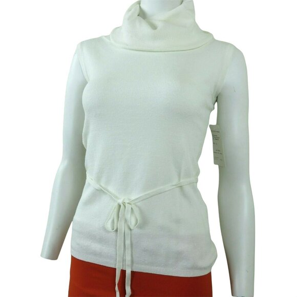 New Turtleneck Sweater Top L White Knit Tie Belt Sleeveless V.A.S. Clothing Co. - Picture 2 of 12